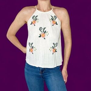 THML White Cream Floral Embroidered Bohemian Tank Top
